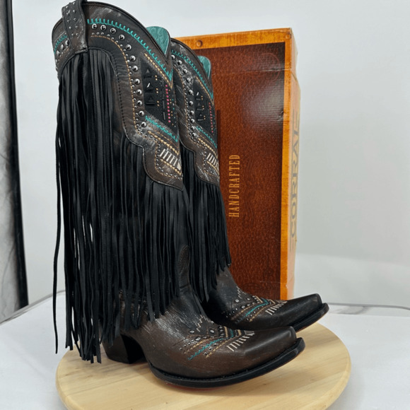 Corral Womens 7 Embroidery Crystals Lamb Fringe Tall Boots C4078 Cowgirl Western - Picture 2 of 16
